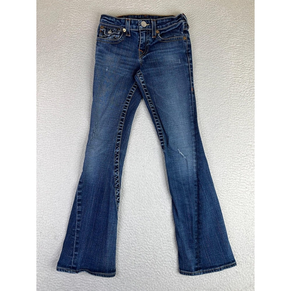True Religion Joey Jeans Girls 12 Blue Flare Stretch Denim Embroidered Flap